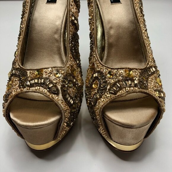 RARE ZiGiNY Black Label Romi Gold Jewel Gem Satin Sexy Peep-toe Pumps Stilettos - Picture 2 of 16